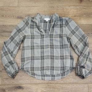 Evereve Black Gray Peach Plaid Peasant Boho Blouse Quiet Luxury Minimalist OS XS